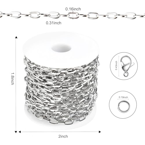 Kyutong 32.8 Feet Flat Oval Paperclip Jewelry Chain Link Silver Stainless Steel Chain Necklace Long Crafting Chains with Lobster Clasps and Open Jump Rings - color: Oval Paperclip Silver