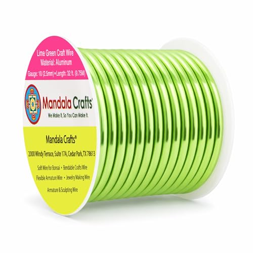 Mandala Crafts 10 Gauge Anodized Aluminum Craft Wire for Jewelry Making - 32 FT Colored Flexible Lime Green Wire - Bendable for Bonsai Armature Crafting Sculpting - color: Lime Green, size: 10 Gauge