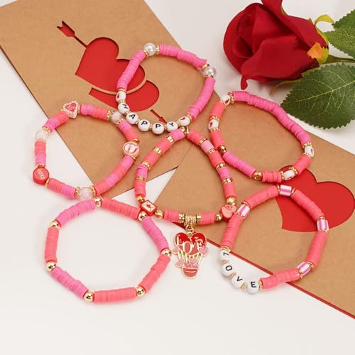 6PCS Valentine’s Day Clay Heishi Bracelet Set for Women- Red Pink Heart Love KISS XOXO Beaded Stretch Bracelets - Handmade Polymer Clay Crystal Glass Stackable Jewelry Gift for Galentine's Anniversary - color: LOVE-05
