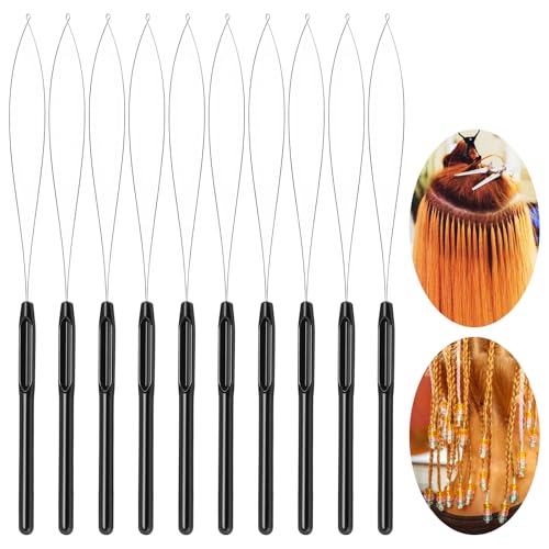 10Pcs Hair Extension Tools, Hair Loop Styling Tool, DIY Pulling Hook Needle Bead Device for Hair Extension Beads and Automatic Needle Threading (Black)