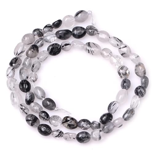 HAAMIIQII Natural Black Rutilated Quartz Crystal Pebble Stone 5-8mm Small Irregular Freeform Tumbled Loose Gemstone Beads for Jewelry Making Strand 15 Inch (45-50pcs) - color: Black Rutilated Quartz