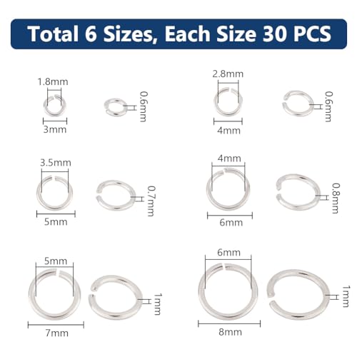 PH PandaHall 180pcs 925 Sterling Silver Plated Open Jump Rings 3/4/5/6/7/8mm O Ring Brass Jewelry Ring Circle Clasp 18~22 Gauge for Jewelry Making Necklace Repair DIY Earring Bracelet Pendant Choker
