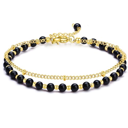 Peridot Stand Silver Gold Bracelets, Handmade Birthstone Stack Bracelet Crystal Gemstones Bead Chain Gift for Women, 8" - color: Black Agate