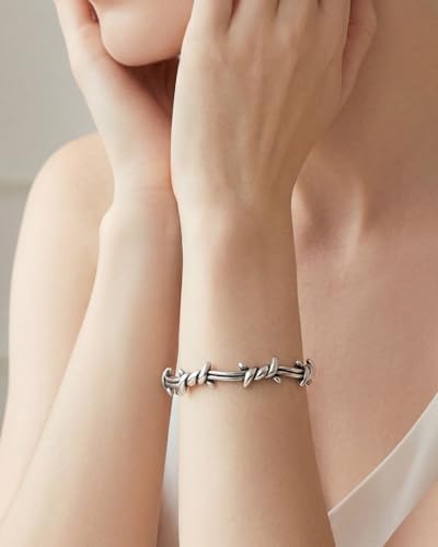 Stainless Steel Cuff Bracelet,Retro Gothic Punk Biker Cool Open Adjustable Cuff Bangle Bracelets Jewelry for Men Silver - style: Barbed Wire