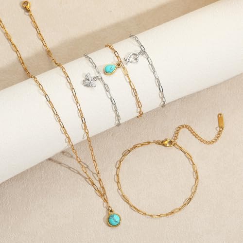 20 PCS Paperclip Chain Bracelet Necklace Kit Stainless Steel Charm Bulk Chains with Extender for DIY Jewelry Making Supplies Accessories (Gold + Steel - color: 2.5x6.5mm Gold Silver