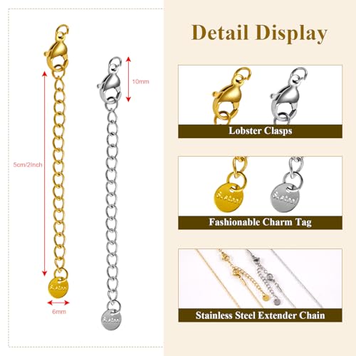 20PCS Stainless Steel Curb Chain Extender Gold and Silver Necklace Extenders 2 Inch Necklaces Bracelet Anklet Extension for Jewelry Making Supplies - color: Circular