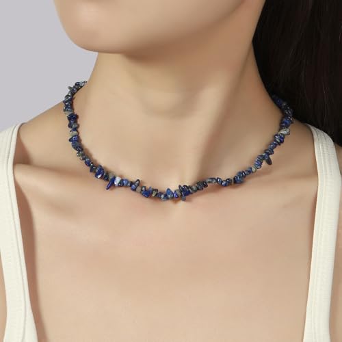 Raw Crystal Necklaces for Women 5-8mm Handmade Natural Stone Necklace Beaded Choker Necklace Healing Crystal Necklace Gemstone Necklace Raw Crystal Beaded Necklace for Her - style: Lapis Lazuli