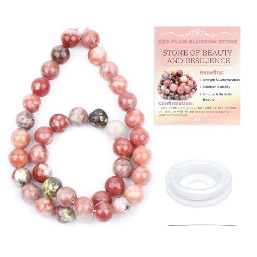 Natural Stone Beads Round Genuine Real Stone Beading Strand Loose Gemstones DIY Smooth Bead for Bracelet Necklace Earrings Jewelry Making (Red Plum Blossom Stone, 10mm 36 Pieces) - color: Red Plum Blossom Stone, size: 10mm 36pcs