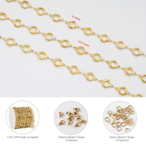 KYUNHOO 13FT/4M Hollow Circle Chains for Jewelry Making Gold Plated Stainless Steel Jewelry Chain Roll with Clasps for Bracelet Necklace DIY - color: Circle Gold