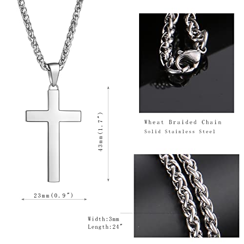 P. BLAKE Stainless Steel Cross Pendant Necklace for Men Boys, Christian Cross Pendant with 16-24 Inches Chain Cross Necklace Jewelry Gifts - size: 24 inches, style: Silver Pendant 1.7*0.9