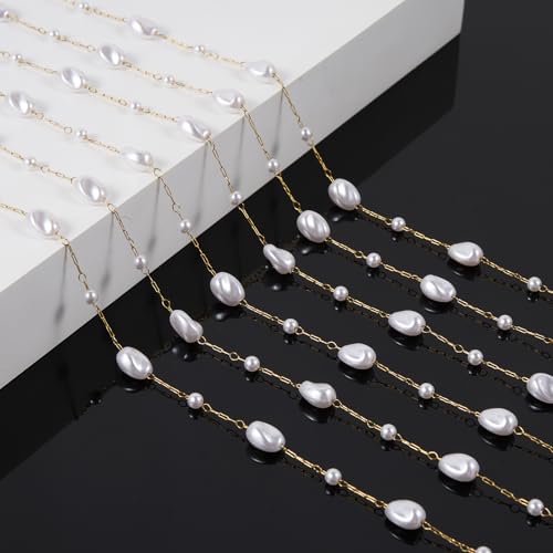 KYUNHOO Gold Plated Chain Roll on Spool 16.4 Feet Irregular Pearl Chains for Jewelry Making Stainless Steel Jewelry Supplies with Lobster Clasps Jump Rings for DIY Crafting - color: Irregular Bead Gold