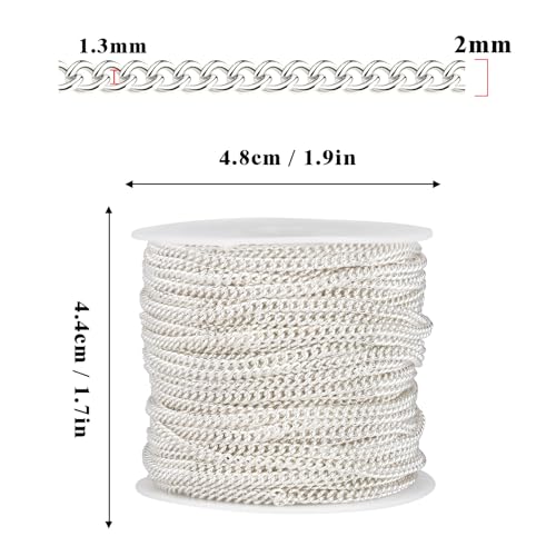 33 Feet Silver Curb Chains Roll, 2MM Silver Plated Brass Flat Twisted Link Chain Spool Bulk for Jewelry Making DIY Craft - color: 2.0mm silver curb chain