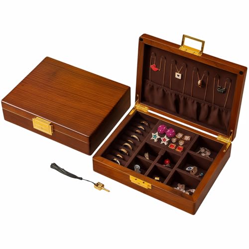 Solid Black Walnut Jewelry Box with Lock and Key Large Capacity Vintage Wooden Organizer for Women and Men Ring Necklace Earring Cufflink Storage Removable Dividers Gift for Christmas - color: Brown Velvet