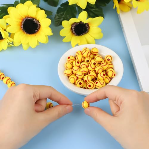 100pcs Baseball Beads with 5.5 Yard Elastic Rope,Acrylic Softball Beads Sports Bead DIY Spacer for Necklace Bracelet Keychains Handmade Jewelry Making Accessories Craft Supplies,12mm(Baseball) - color: Baseball