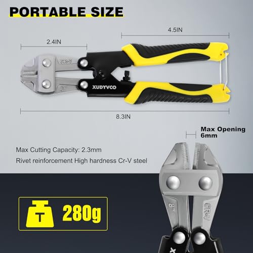 XUDYVCO Mini Bolt Cutters, Premium 8IN Heavy Duty Wire Cable Cutters with Non-Slip Handle, Multi-Function Wire Snips Pliers Clippers with Labor-Saving Spring Loaded for Chain Mesh Screw Fence Rivets