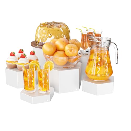 Metal Buffet Risers,6PCS Hexagonal Jewelry Display Risers 2.76 in to 4.02 in Market Display Stands Metal Showcase for Catering Dessert Figures Decoration (Grayish White, 2.76IN to 4.02IN) - color: Grayish White