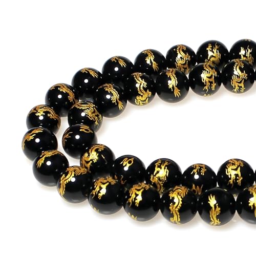 MJDCB Natural Stone Beads 6mm 60pcs Round Black Onyx Carved Dragon Loose Gemstone Bead Charms for Jewelry Making Bracelet Necklace Earring Pendant - color: Black Onyx Carved Dragon, size: 6mm