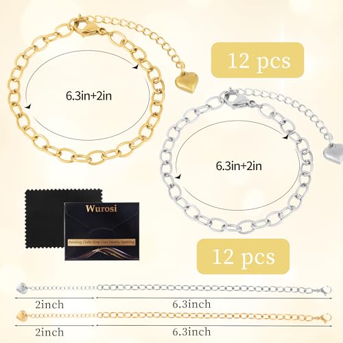 Wurosi 24PCS 6.3Inch Chain Bracelets Kit 18K Gold Plated Charm Bracelet Chains Stainelss Steel Charm Bracelets with Heart Lobster Clasp Extender Chain for Women Jewelry Bracelet Making - color: Bracelets 24 PCS Gold+Silver