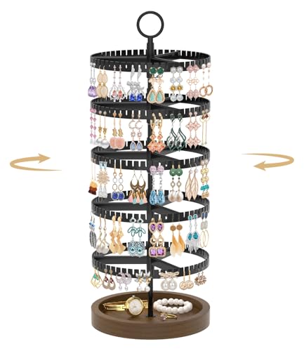 MODOWEY 5 Tier Rotating Earring Holder Organizer Display Tree with Wooden Tray, Adjustable Plastic Stand with 285 Slots for Stud Hoop Hanger, Large Capacity Storage Rack for Women Space Saving, Black - color: Solid Black Brown