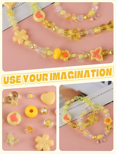 150PCS Acrylic Pastel Beads for Jewelry Making, Kalolary Colorful Bow Butterfly Flower Kawaii Plastic Candy Heart Cute Macaroon Aesthetic Beads for Bracelet Necklace DIY Supplies (Yellow) - color: Yellow