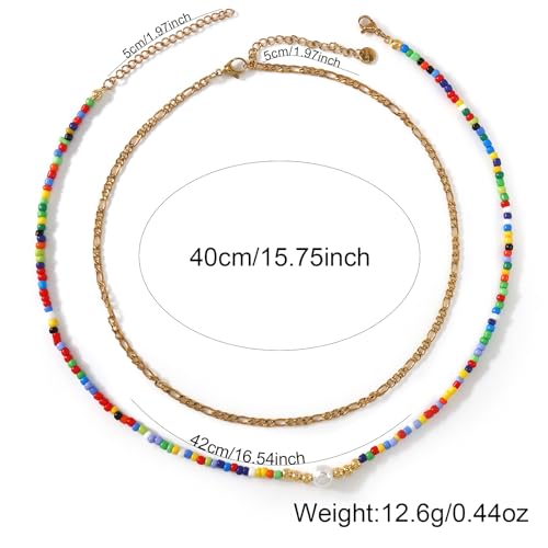 Colorful Gold Stack Seed Beaded Choker Necklace Set for Women,Handmade Boho Fashion Christian Cross Heart Freshwater pearl Jewelry,Valentine's Summer Holiday Beach Friendship Gift - color: Pearl