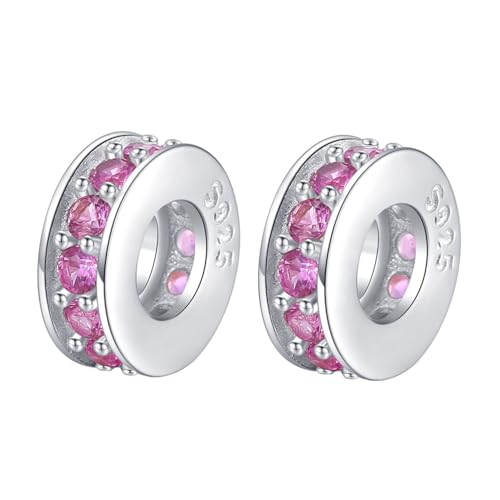 Clip Stopper Charms Sterling Silver Rondelle Spacer Bead Charm Stopper Charm for Pandora Charm Bracelets - color: Pink (2 pcs )