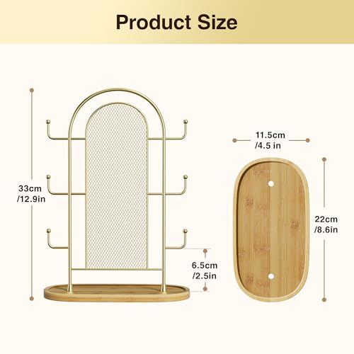 bussdis Jewelry Display Earring Stand Gold Organizer Earring StorageTree Jewelry Rack Towers with 6 Hooks 300 Stud Holes Wood Tray for Necklaces Bracelets Ring - color: Gold