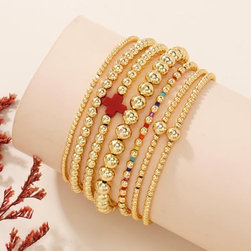 14K Gold Beaded Cross Beaded Bracelet Stack Set for Women,7PCS Bohemian Colorful Beads Ball Stretch Stackable Bracelets Trendy Holiday Birthday Gift - color: Red