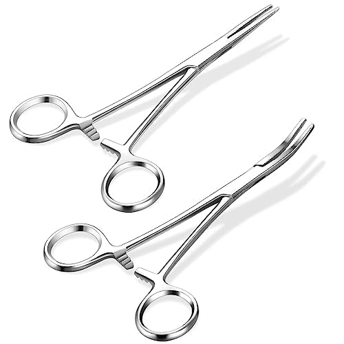 BBTO Hemostat Curved and Straight Hemostat Forceps Piercing Pliers Forceps, Stainless Steel Straight and Curved Pliers, Fishing Tweezer(Silver,2 Pcs) - color: Silver