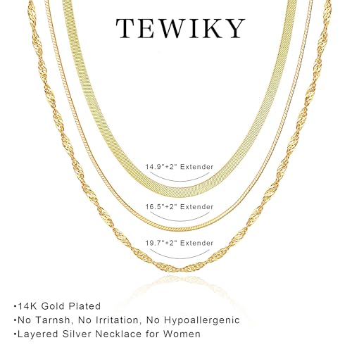 Tewiky Layered Necklaces for Women Non Tarnish- Chunky 14k Gold Plated Herringbone/Snake/Rope/Box/Cuban Link Chain for Women Waterproof Layering Stack Choker Necklace Trendy Dainty Tarnish Free Jewelry Set - color: 3 Necklace Set Gold