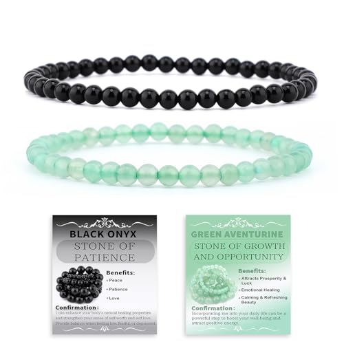 NCB 2.3-Piece 4mm Natural Crystal Gemstone Stretch Bracelets – Handmade Reiki Energy Healing Jewelry for Meditation,Yoga, Unisex - color: 2PCS ( Black Onyx+Green Aventurine ), size: 4mm
