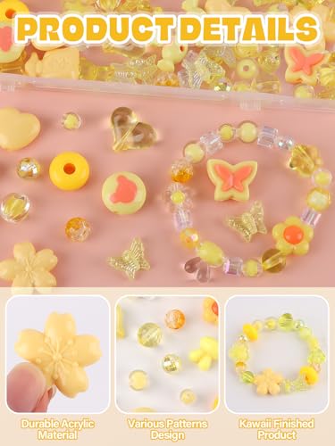 150PCS Acrylic Pastel Beads for Jewelry Making, Kalolary Colorful Bow Butterfly Flower Kawaii Plastic Candy Heart Cute Macaroon Aesthetic Beads for Bracelet Necklace DIY Supplies (Yellow) - color: Yellow