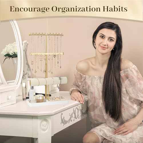 Tirzah 3-Tier Adjustable Jewelry Holder Organizer Stand with 20 Necklace Hooks, 18 Earring Holes and Notches, Bracelet Holder, 6 Ring Rolls, Jewelry Tray for Girls, Women - color: Gold & White, for Necklace Earring Bracelet