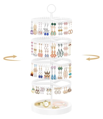 MODOWEY 4 Tier Rotating Earring Holder Organizer Display Tree with Wooden Tray, Adjustable Plastic Stand with 228 Slots for Stud Hoop Hanger, Large Capacity Storage Rack for Women Space Saving, White - color: Matte White
