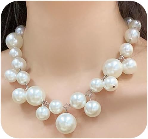 Chunky Pearls Statement Choker Necklace for Women,14K Gold Large Beaded Punk Ball Cluster Collar Necklace Party Dainty Jewelry Gift