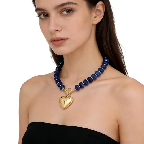 GZQ Chunky Gold Heart Necklace for Women, Resin Beaded Chain with Puff Heart Adjustable Clasp, Perfect for Daily Wear Party Date Streetwear Outfits Fashion Jewelry Gift - color: Blue