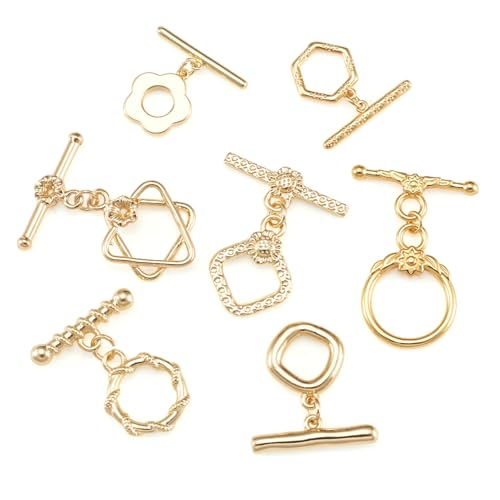 7Pcs 18K Gold Plated Brass Toggle Clasps Golden Toggle Jewelry Clasps Flower Rhombus Hexagon Ring Star Toggles T Bar Clasp for Bracelet Necklace Jewelry Making - color: Golden