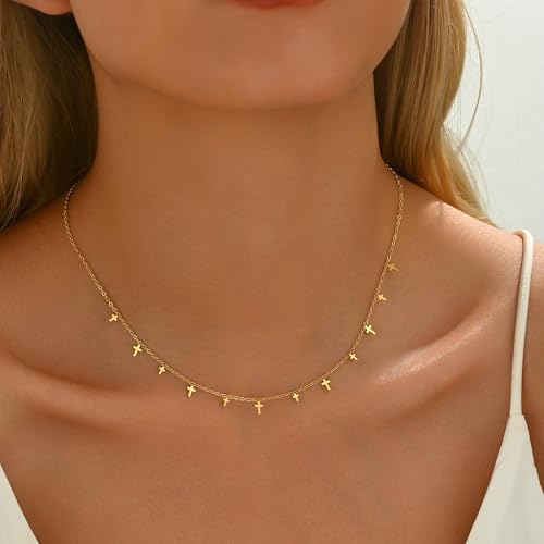 Gold Chain Necklace for Women 18K Gold Plated Dainty Star Cross Heart Cuabn Choker Chains Stainless Steel Trendy Jewelry Christmas Gifts - color: Small Cross-Gold