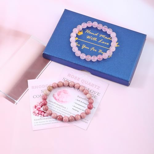 NCB 2.3-Piece 4mm Natural Crystal Gemstone Stretch Bracelets – Handmade Reiki Energy Healing Jewelry for Meditation,Yoga, Unisex - color: 2PCS ( Pink Quartz+Rhodochrosite ), size: 8mm