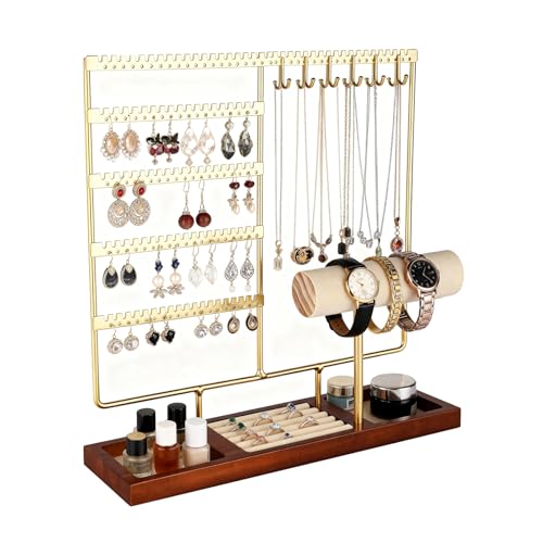 Ciormis Jewelry Stand Organizer, 5 Tier Jewlery Holder Towers Earring Display Rack with 72 Holes and 12 Hooks Necklace Hanger Tree for Necklace Bracelet Stud Earring Ring Women Mothers Gift (Gold) - color: Gold-new