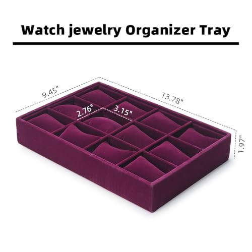 Jewelry Watch Tray, Purple Velvet Watch Jewelry Organizer 12 Grid, Stackable Watch Bracelet Bangle Display Holder, Adjustable Pillows, for Man Woman Show Birthday - color: Purple