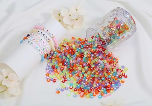 LAIDANLA 1500PCS Acrylic Letter Beads Alphabet White Letters Transparent Colorful Round Bead 7×4mm for Jewelry Bracelets Necklaces Key Chains Making - color: D-White Letter Transparent Colorful Beads
