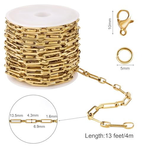 SMYHTGLIF 4 Meters Paperclip Chain Bulk for Jewelry Making Gold Stainless Steel Chain Roll Handmade Jewelry Making Supplies - color: Paperclip Gold