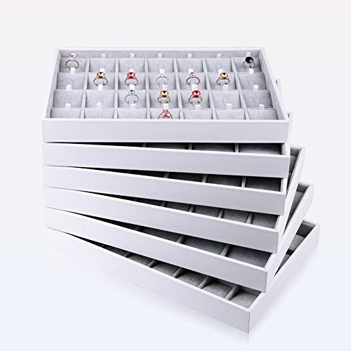 Oirlv 28 Region Ring Display Tray Stackable Jewelry Organizer Trays Leather Rings Storage Case - size: 28 Grid Ring Insert Cards Tray