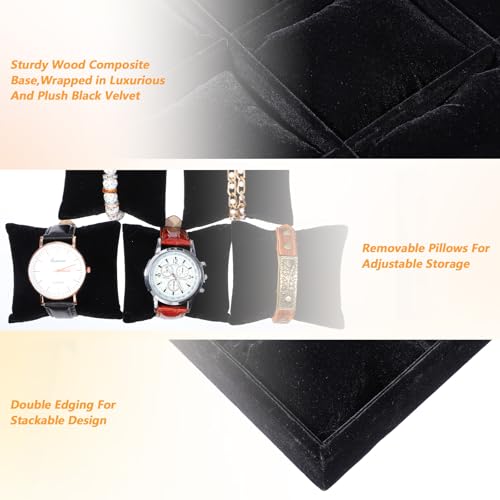 2 Pack 12 Grid Velvet Watch Tray Organizer with Removable Pillows - Stackable Bracelet & Bangle Display Holder for Drawer, Store, or Travel - Black