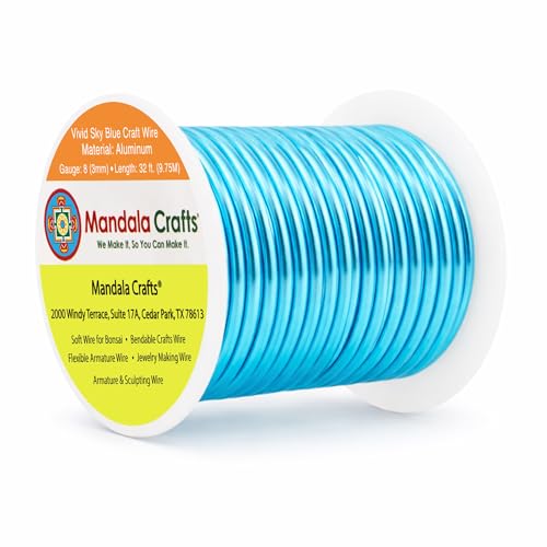 Mandala Crafts 8 Gauge Anodized Aluminum Craft Wire for Jewelry Making - 32 FT Colored Flexible Vivid Sky Blue Wire - Bendable for Bonsai Armature Crafting Sculpting - color: Vivid Sky Blue, size: 8 Gauge