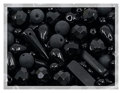 2.1oz (60g) of Glass Bead Mix with Drops, Table-Cut and fire Polish Czech Beads, Glossy & Matte Black - color: Black