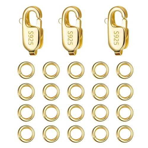 Gold Jewelry Making Lobster Claw 10mm, 23PCS Italian Rectangle Trigger Clasps with Open Jump Rings Set, Small Necklaces Bracelet Connector Gold Clasp Supplies 925 Sterling Silver Jewelry Finding Set - color: 23PcsB_Gold