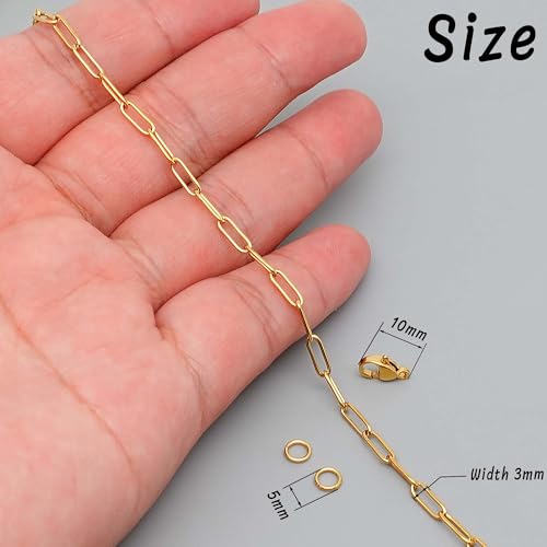 THREENEST 16.4-Feet 3mm Stainless Steel Paperclip Chains with 10 Lobster Claps+25 Jump Rings, 18K Real Gold Plated Soldered Cable Long Craft Chain for Necklace Bracelet Earring Jewelry Making(Gold) - color: Gold, size: Width 3.0mm-16.4 Feet+10 Claps+25 Ri