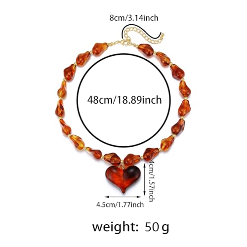 GZQ Chunky Gold Heart Necklace for Women, Resin Beaded Chain with Puff Heart Adjustable Clasp, Perfect for Daily Wear Party Date Streetwear Outfits Fashion Jewelry Gift - color: Brown